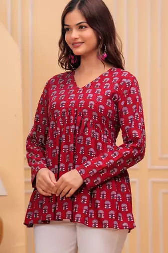 Womens red self design cotton fabric kurtis 3/4 sleeves v-neck
