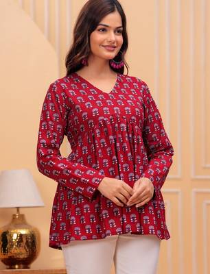 Womens red self design cotton fabric kurtis 3/4 sleeves v-neck 5