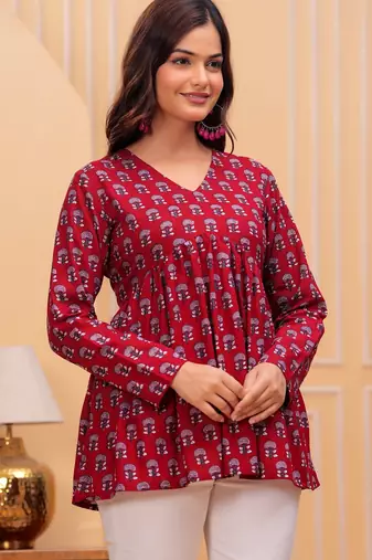 Womens red self design cotton fabric kurtis 3/4 sleeves v-neck