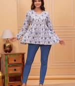 Womens white self design cotton fabric kurtis 3/4 sleeves v-neck