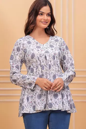Womens white self design cotton fabric kurtis 3/4 sleeves v-neck