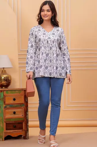Womens white self design cotton fabric kurtis 3/4 sleeves v-neck