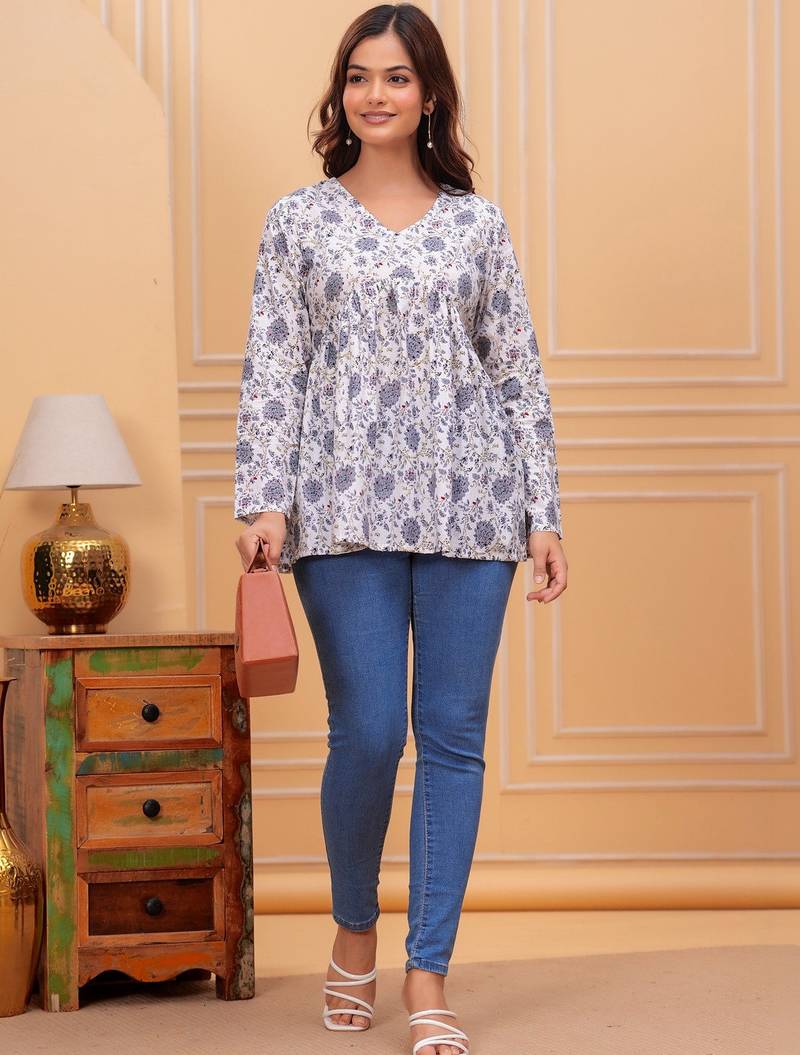 Womens white self design cotton fabric kurtis 3/4 sleeves v-neck