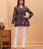 Womens black self design cotton fabric kurtis 3/4 sleeves v-neck