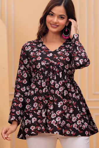 Womens black self design cotton fabric kurtis 3/4 sleeves v-neck