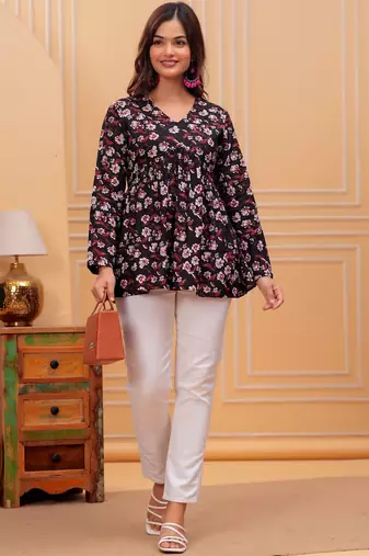 Womens black self design cotton fabric kurtis 3/4 sleeves v-neck