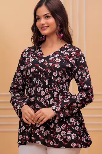 Womens black self design cotton fabric kurtis 3/4 sleeves v-neck