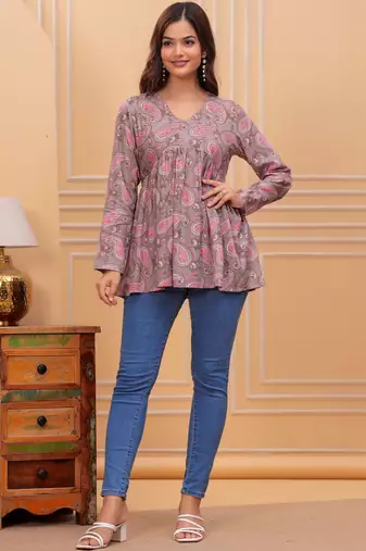 Womens grey self design cotton fabric kurtis 3/4 sleeves v-neck