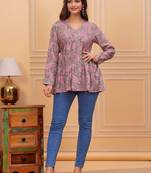 Womens grey self design cotton fabric kurtis 3/4 sleeves v-neck