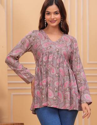 Womens grey self design cotton fabric kurtis 3/4 sleeves v-neck 2