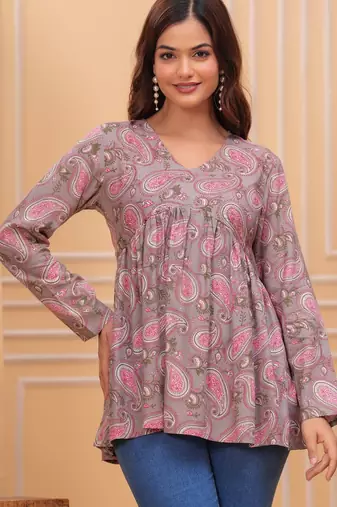 Womens grey self design cotton fabric kurtis 3/4 sleeves v-neck