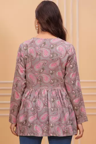 Womens grey self design cotton fabric kurtis 3/4 sleeves v-neck