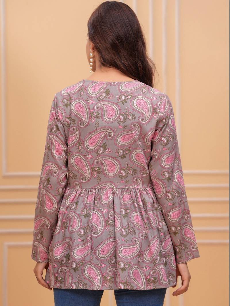 Womens grey self design cotton fabric kurtis 3/4 sleeves v-neck