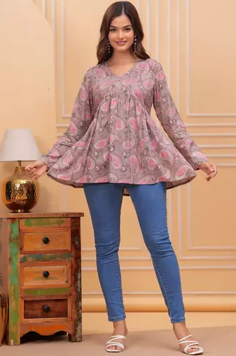 Womens grey self design cotton fabric kurtis 3/4 sleeves v-neck