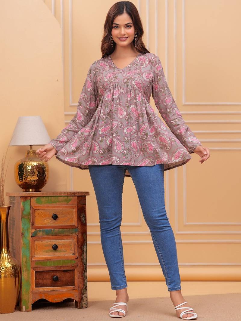 Womens grey self design cotton fabric kurtis 3/4 sleeves v-neck