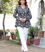 Womens black self design cotton fabric kurtis 3/4 sleeves v-neck