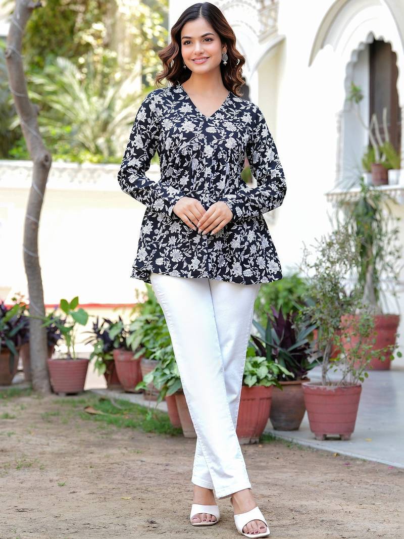 Womens black self design cotton fabric kurtis 3/4 sleeves v-neck