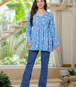 Womens blue self design cotton fabric kurtis 3/4 sleeves v-neck