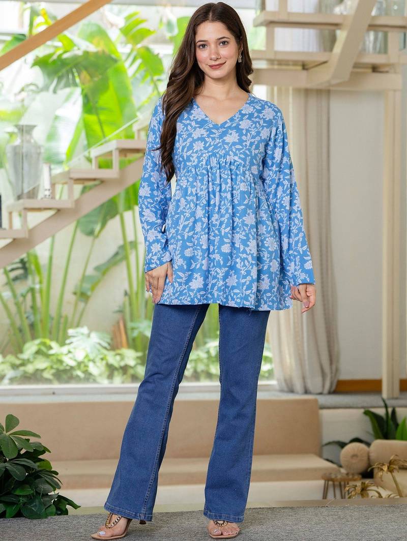 Womens blue self design cotton fabric kurtis 3/4 sleeves v-neck