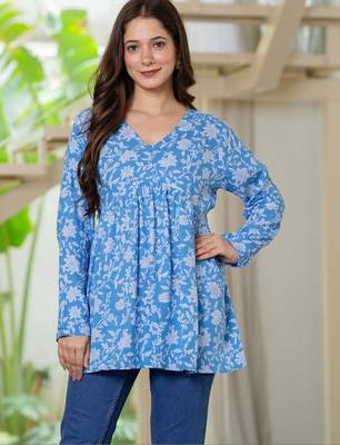 Womens blue self design cotton fabric kurtis 3/4 sleeves v-neck 2