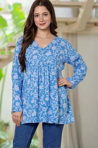Womens blue self design cotton fabric kurtis 3/4 sleeves v-neck