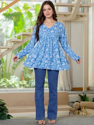 Womens blue self design cotton fabric kurtis 3/4 sleeves v-neck 4