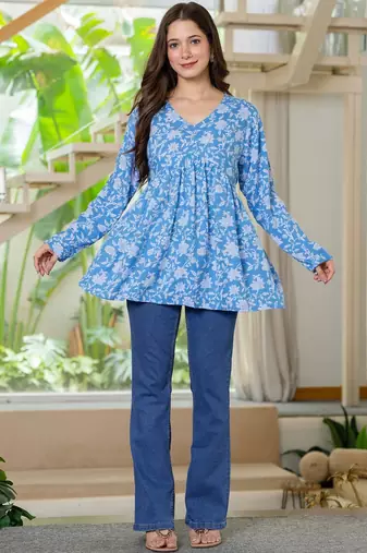 Womens blue self design cotton fabric kurtis 3/4 sleeves v-neck
