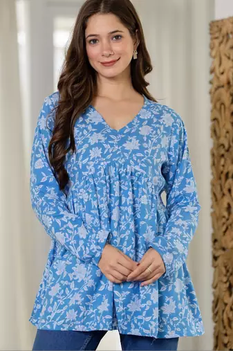 Womens blue self design cotton fabric kurtis 3/4 sleeves v-neck