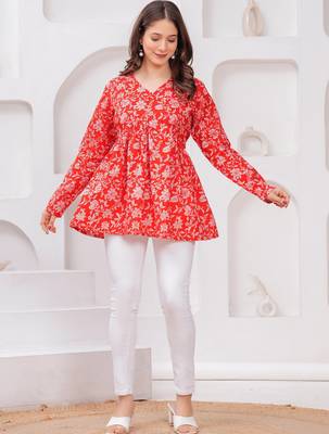 Womens red self design cotton fabric kurtis 3/4 sleeves v-neck 1