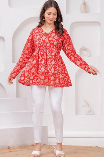 Womens red self design cotton fabric kurtis 3/4 sleeves v-neck