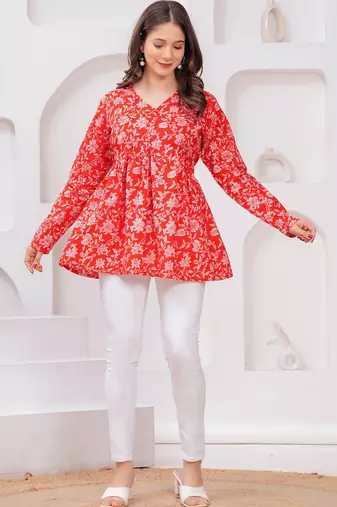 Womens red self design cotton fabric kurtis 3/4 sleeves v-neck