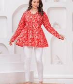 Womens red self design cotton fabric kurtis 3/4 sleeves v-neck