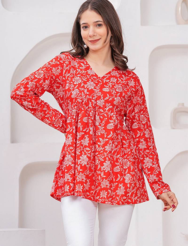 Womens red self design cotton fabric kurtis 3/4 sleeves v-neck
