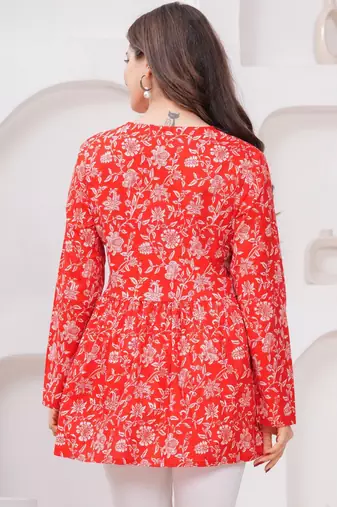Womens red self design cotton fabric kurtis 3/4 sleeves v-neck