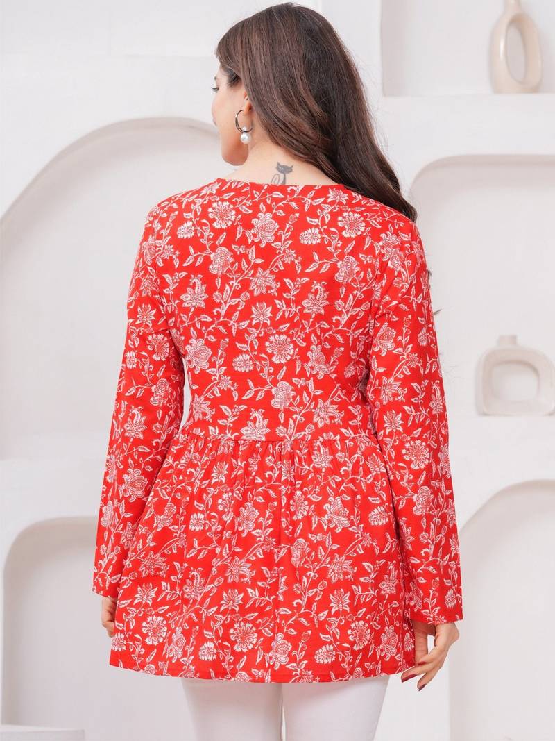 Womens red self design cotton fabric kurtis 3/4 sleeves v-neck