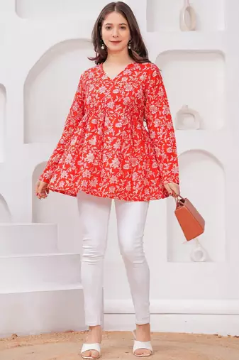 Womens red self design cotton fabric kurtis 3/4 sleeves v-neck