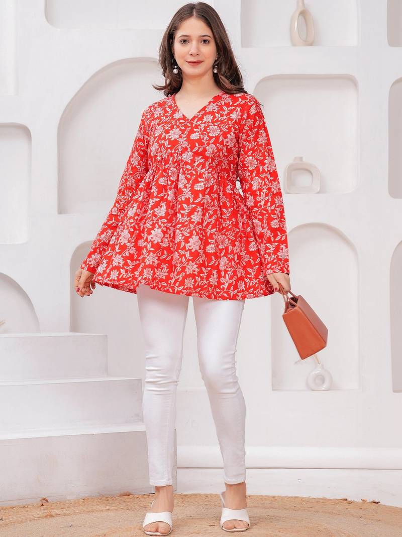 Womens red self design cotton fabric kurtis 3/4 sleeves v-neck