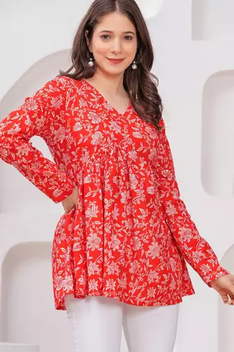 Womens red self design cotton fabric kurtis 3/4 sleeves v-neck