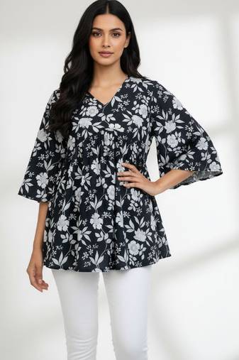 Womens black self design cotton fabric kurtis 3/4 sleeves v-neck