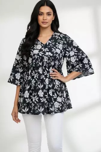 Womens black self design cotton fabric kurtis 3/4 sleeves v-neck