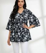 Womens black self design cotton fabric kurtis 3/4 sleeves v-neck