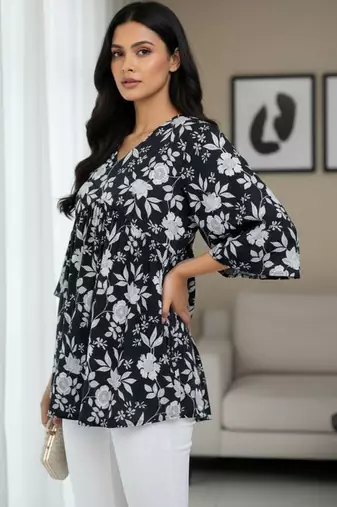 Womens black self design cotton fabric kurtis 3/4 sleeves v-neck