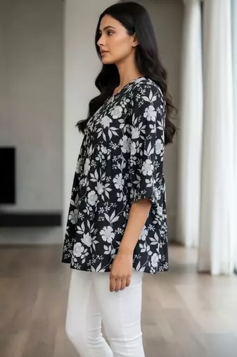 Womens black self design cotton fabric kurtis 3/4 sleeves v-neck