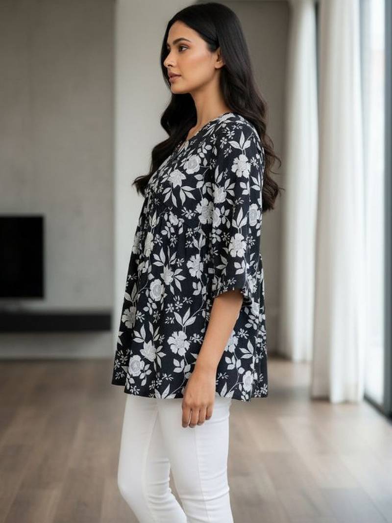 Womens black self design cotton fabric kurtis 3/4 sleeves v-neck