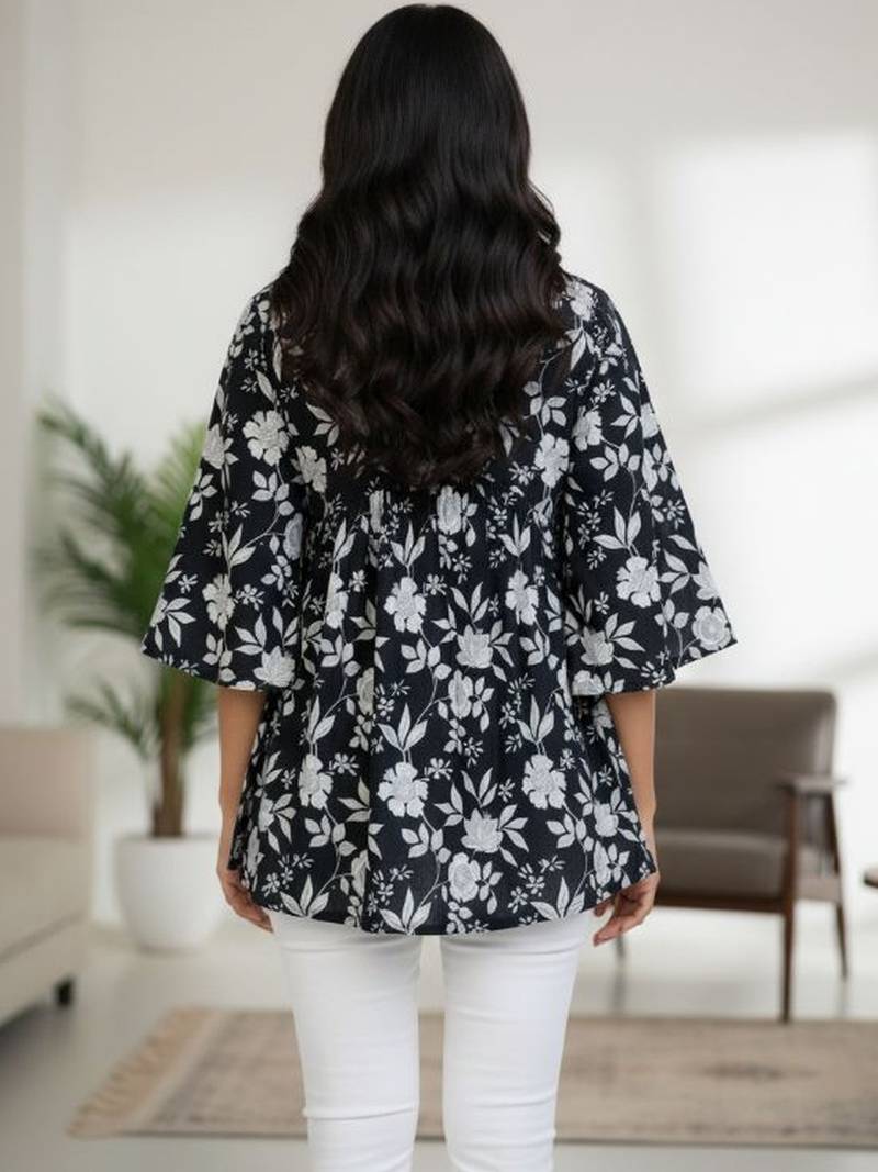 Womens black self design cotton fabric kurtis 3/4 sleeves v-neck