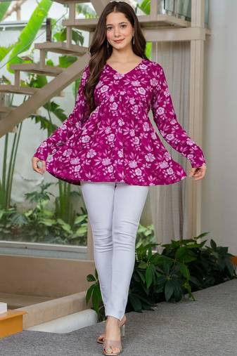 Womens purple self design cotton fabric kurtis 3/4 sleeves v-neck