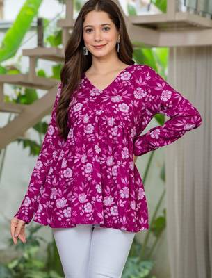 Womens purple self design cotton fabric kurtis 3/4 sleeves v-neck 2