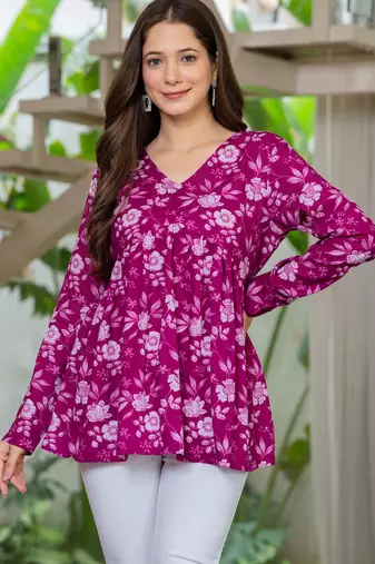 Womens purple self design cotton fabric kurtis 3/4 sleeves v-neck