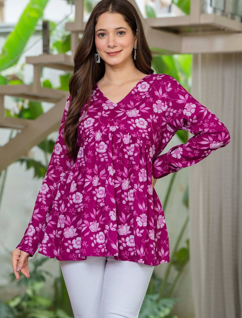 Womens purple self design cotton fabric kurtis 3/4 sleeves v-neck