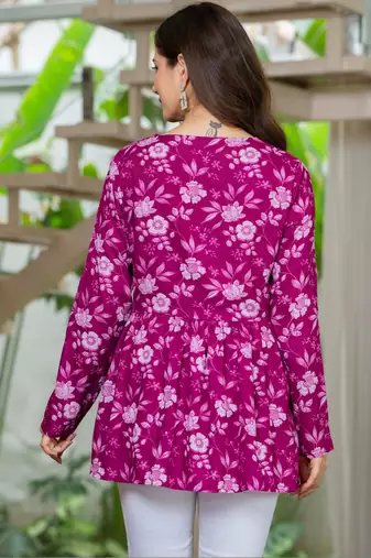 Womens purple self design cotton fabric kurtis 3/4 sleeves v-neck